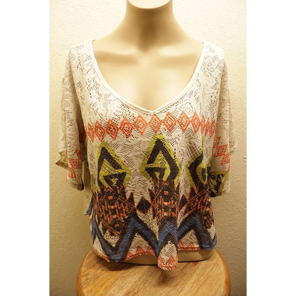 Annabelle USA Southwestern Geo Tribal Lace Knit Cropped Top Shirt Womens Large